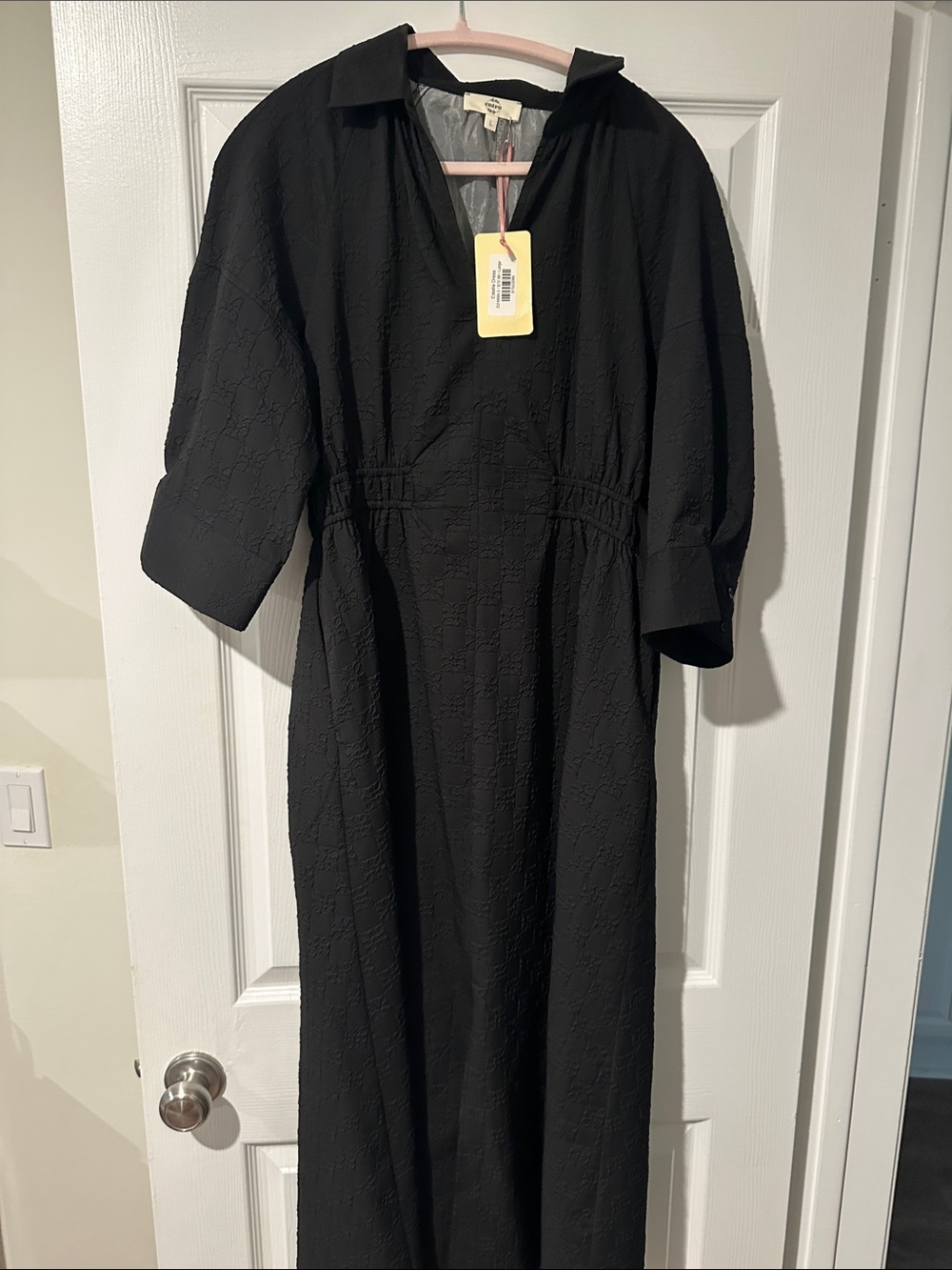 entro Black Textured Midi Dress with Collar Detail